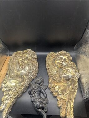 Pair of Gold Foam Cherub Wall Hanging with Black Plastic Cherub